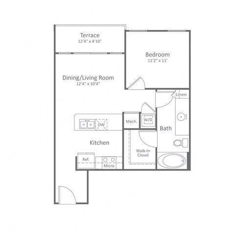 Floor plan for 1 bed, 1 bath, 611 sqft